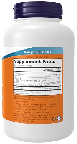NOW Supplements, Cod Liver Oil 650 mg, Excellent Source of Vitamins A and D-3, 250 Softgels
