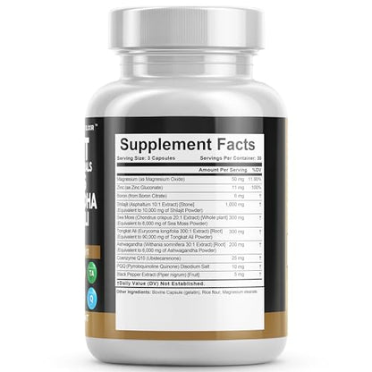 Shilajit Supplement 10,000mg with Sea Moss 6000mg, Ashwagandha 6000mg, Tongkat Ali, Boron, Magnesium - Fulvic Acid Capsules for Men - 90 Count