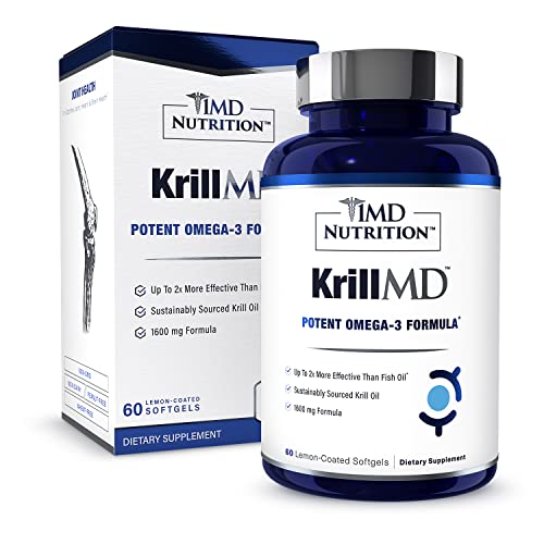 1MD Nutrition KrillMD - Antarctic Krill Oil Omega 3 Supplement with Astaxanthin, EPA, DHA | 2X More Effective Than Fish Oil | 60 Softgels