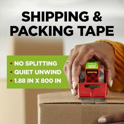 Scotch Sure Start Packing Tape, Clear, Quiet Unwind and Easy Start, Moving Supplies, 1.88 in. x 22.2 yd., 6 Tape Rolls with Dispensers