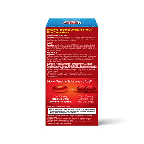 MegaRed Ultra Strength Krill Oil Omega 3 Supplement, 750mg Krill Oil – EPA & DHA & Antioxidant Astaxanthin for Heart Health, 80 Softgels, No Fish Oil Aftertaste