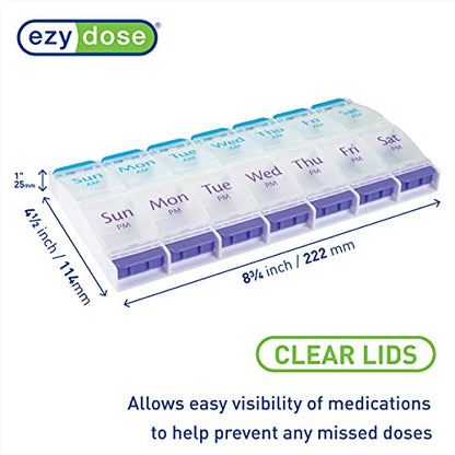 EZY DOSE Push Button (7-Day) Pill Case, Medicine Planner, Vitamin Organizer, 2 Times a Day AM/PM, X-Large Compartments, Arthritis Friendly, Clear Lids, Purple and Blue, BPA Free