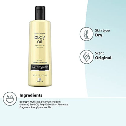 Neutrogena Body Oil Light Sesame Formula, Dry Skin Moisturizer & Hydrating Body Massage Oil, for Radiant & Healthy Looking Glow, Nourishing Bath Oil for Sheer Moisture, 8.5 fl. oz