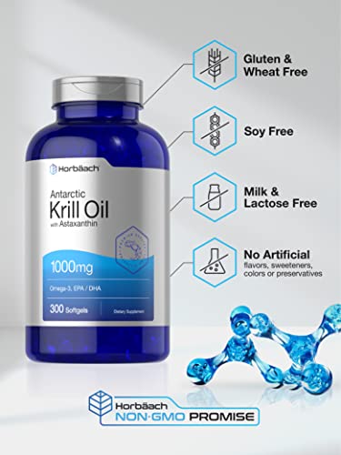 Horbaach Antarctic Krill Oil 1000mg | 300 Softgel Capsules | Omega 3, EPA, DHA Supplement | with Astaxanthin | Value Size | Non-GMO, Gluten Free