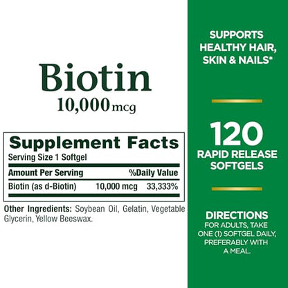 Nature's Bounty Biotin, Supports Healthy Hair, Skin and Nails, 10,000 mcg, Rapid Release Softgels, 120 Ct