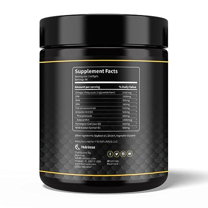 Nutriissa Omega 3 - Full Spectrum - 180 Count - High Concentrate Formula Fish Oil, Krill Oil, Cod Oil, Salmon Oil - Advanced Blend