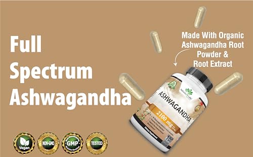 Organic Ashwagandha 2,100 mg - 100 Vegan Capsules Pure Organic Ashwagandha Powder and Root Extract - Stress Relief, Mood Enhancer