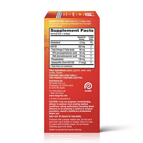 MegaRed Krill Oil 350mg Omega 3 Supplement, 1 Dr Recommended Krill Oil Brand with EPA, DHA, Astaxanthin & Phopholipids, Supports Heart, Brain, Joint and Eye Health - 130 Softgels (130 Servings)
