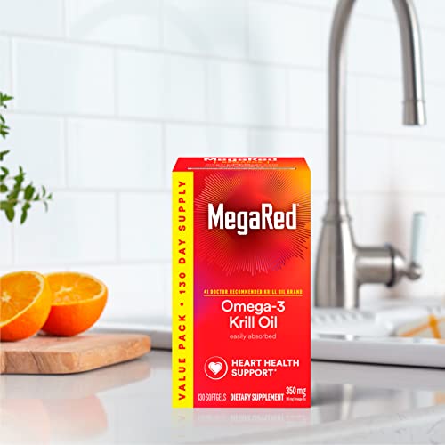 MegaRed Krill Oil 350mg Omega 3 Supplement, 1 Dr Recommended Krill Oil Brand with EPA, DHA, Astaxanthin & Phopholipids, Supports Heart, Brain, Joint and Eye Health - 130 Softgels (130 Servings)