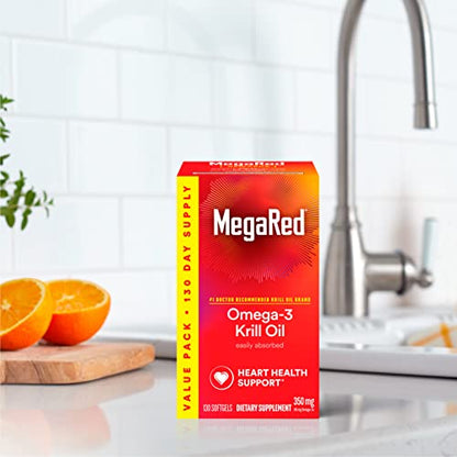 MegaRed Krill Oil 350mg Omega 3 Supplement, 1 Dr Recommended Krill Oil Brand with EPA, DHA, Astaxanthin & Phopholipids, Supports Heart, Brain, Joint and Eye Health - 130 Softgels (130 Servings)