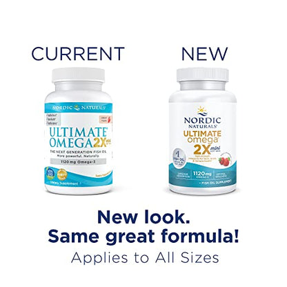 Nordic Naturals Ultimate Omega 2X Mini, Strawberry Flavor - 60 Mini Soft Gels - 1120 mg Omega-3 - High-Potency Omega-3 Fish Oil Supplement - EPA & DHA - Promotes Brain & Heart Health - 30 Servings