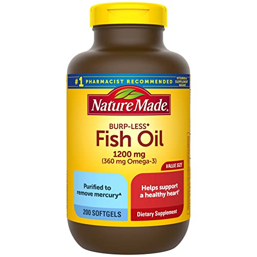 Nature Made Burp Less Omega 3 Fish Oil Softgels - 1200 mg Omega 3 Supplement for Heart Health, 200 Softgels, 100 Day Supply