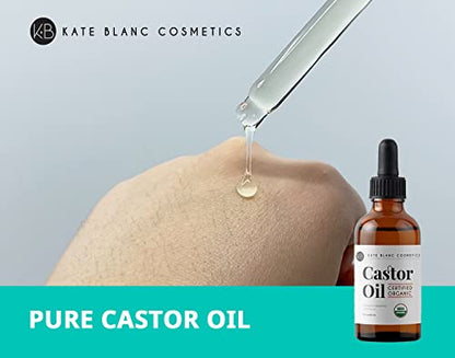 Kate Blanc Cosmetics Castor Oil (2oz), USDA Certified Organic, 100% Pure, Cold Pressed, Hexane Free. Stimulate Growth for Eyelashes, Eyebrows, Hair. Skin Moisturizer & Hair Treatment Starter Kit