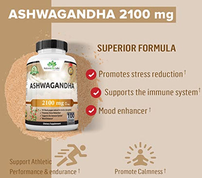 Organic Ashwagandha 2,100 mg - 100 Vegan Capsules Pure Organic Ashwagandha Powder and Root Extract - Stress Relief, Mood Enhancer