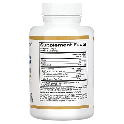 California Gold Nutrition Omega-3 Premium Fish Oil, Concentrated Formula with EPA & DHA, Support for Optimal Lipid Profile & Immune System, Gluten Free, Non-GMO, 100 Fish Gelatin Softgels