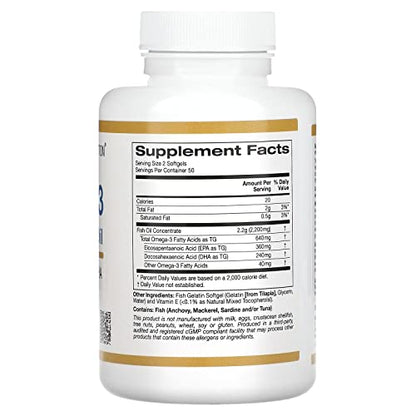California Gold Nutrition Omega-3 Premium Fish Oil, Concentrated Formula with EPA & DHA, Support for Optimal Lipid Profile & Immune System, Gluten Free, Non-GMO, 100 Fish Gelatin Softgels
