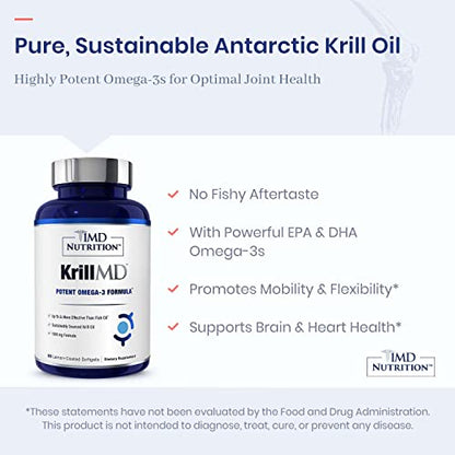 1MD Nutrition KrillMD - Antarctic Krill Oil Omega 3 Supplement with Astaxanthin, EPA, DHA | 2X More Effective Than Fish Oil | 60 Softgels