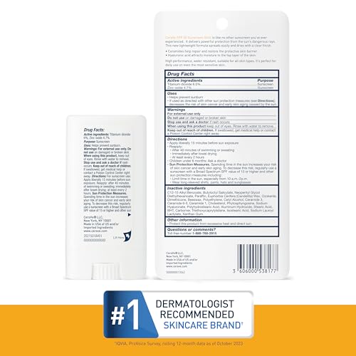 CeraVe Mineral Sunscreen Stick SPF 50 | Broad Spectrum SPF + Hyaluronic Acid + Ceramides | Titanium Dioxide & Zinc Oxide Sunscreen | 100% Mineral Face Sunscreen Stick | Fragrance Free & Oil Free