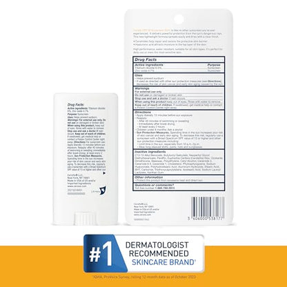 CeraVe Mineral Sunscreen Stick SPF 50 | Broad Spectrum SPF + Hyaluronic Acid + Ceramides | Titanium Dioxide & Zinc Oxide Sunscreen | 100% Mineral Face Sunscreen Stick | Fragrance Free & Oil Free