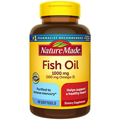 Nature Made Fish Oil 1000 mg Softgels, Omega 3 Fish Oil Supplements for Healthy Heart Support with 90 Softgels, 45 Day Supply