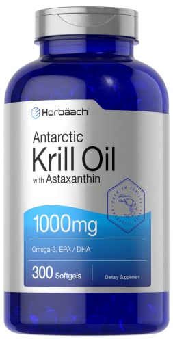 Horbaach Antarctic Krill Oil 1000mg | 300 Softgel Capsules | Omega 3, EPA, DHA Supplement | with Astaxanthin | Value Size | Non-GMO, Gluten Free