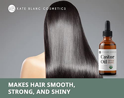 Kate Blanc Cosmetics Castor Oil (2oz), USDA Certified Organic, 100% Pure, Cold Pressed, Hexane Free. Stimulate Growth for Eyelashes, Eyebrows, Hair. Skin Moisturizer & Hair Treatment Starter Kit