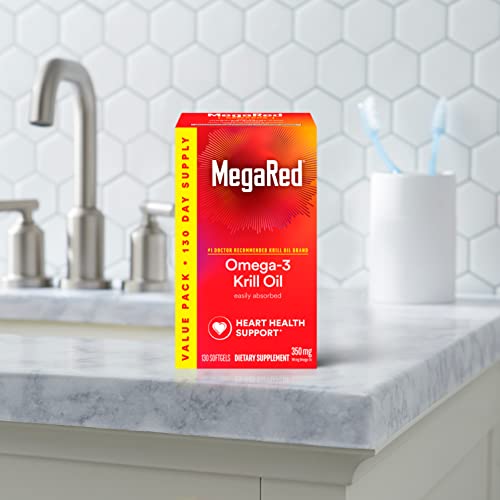 MegaRed Krill Oil 350mg Omega 3 Supplement, 1 Dr Recommended Krill Oil Brand with EPA, DHA, Astaxanthin & Phopholipids, Supports Heart, Brain, Joint and Eye Health - 130 Softgels (130 Servings)