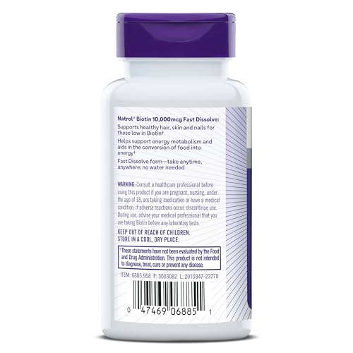 Natrol Beauty Biotin 10000mcg, Dietary Supplement for Healthy Hair, Skin, Nails and Energy Metabolism, 60 Strawberry-Flavored Fast Dissolve Tablets, 60 Day Supply
