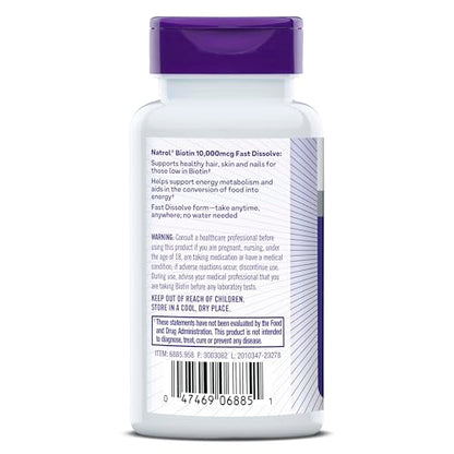 Natrol Beauty Biotin 10000mcg, Dietary Supplement for Healthy Hair, Skin, Nails and Energy Metabolism, 60 Strawberry-Flavored Fast Dissolve Tablets, 60 Day Supply