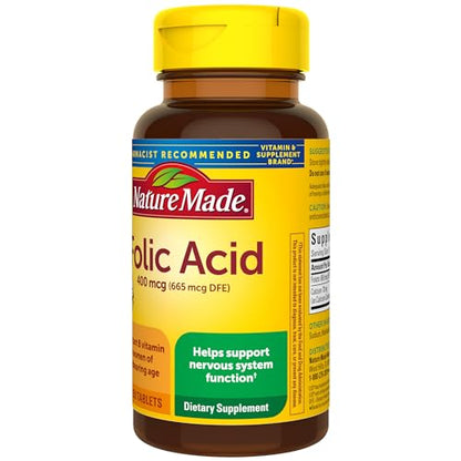 Nature Made Folic Acid 400 mcg (665 mcg DFE), Dietary Supplement for Nervous System Function, 250 Tablets, 250 Day Supply