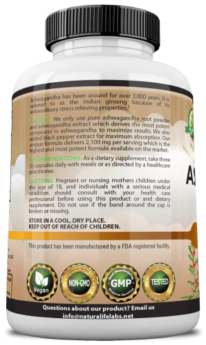 Organic Ashwagandha 2,100 mg - 100 Vegan Capsules Pure Organic Ashwagandha Powder and Root Extract - Stress Relief, Mood Enhancer
