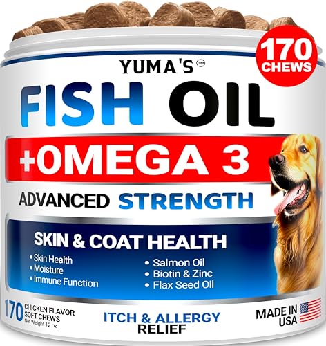Omega 3 Fish Oil for Dogs - 170 Chews - Skin and Coat Supplement - Omega 3 for Dogs - Dry & Itchy Skin Relief Treatment - Allergy Support - Dog Anti Shedding Treats - Shiny Coats - EPA & DHA - Salmon