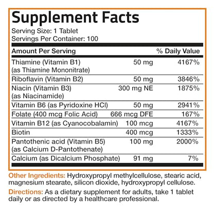 Bronson Super B Vitamin B Complex Sustained Slow Release (Vitamin B1, B2, B3, B6, B9 - Folic Acid, B12) Contains All B Vitamins 100 Tablets
