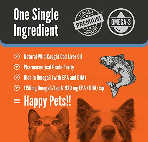 Pure Wild Caught Icelandic Cod Liver Oil 16oz Highest Purity, Highest Omega 3 1150mg/tsp, High EPA/DHA, Vitamin A & D - Reduces Itching, Healthy Skin & Coat, Mobility, BPA-Free, Pump incl.