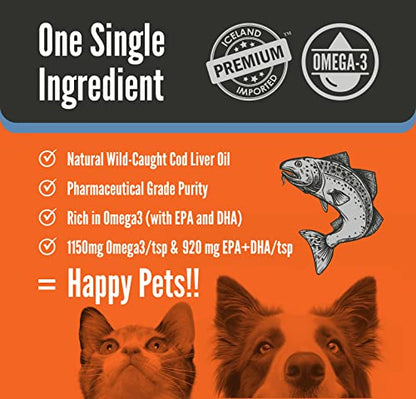Pure Wild Caught Icelandic Cod Liver Oil 16oz Highest Purity, Highest Omega 3 1150mg/tsp, High EPA/DHA, Vitamin A & D - Reduces Itching, Healthy Skin & Coat, Mobility, BPA-Free, Pump incl.