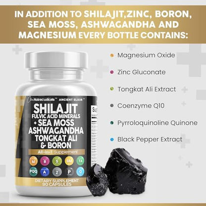 Shilajit Supplement 10,000mg with Sea Moss 6000mg, Ashwagandha 6000mg, Tongkat Ali, Boron, Magnesium - Fulvic Acid Capsules for Men - 90 Count