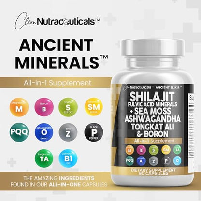 Shilajit Supplement 10,000mg with Sea Moss 6000mg, Ashwagandha 6000mg, Tongkat Ali, Boron, Magnesium - Fulvic Acid Capsules for Men - 90 Count