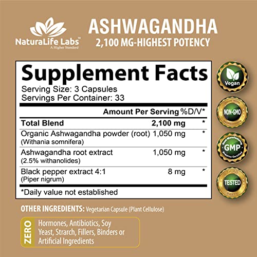 Organic Ashwagandha 2,100 mg - 100 Vegan Capsules Pure Organic Ashwagandha Powder and Root Extract - Stress Relief, Mood Enhancer