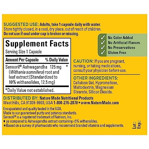 Nature Made Ashwagandha Capsules 125mg for Stress Support, 60 Capsules, 60 Day Supply