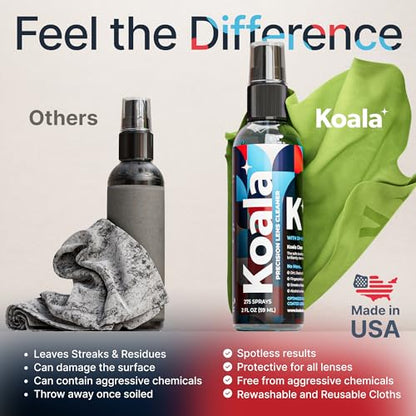 Koala Eyeglass Lens Cleaner Spray Kit | (1x) Glasses Cleaner Bottle + (1x) Microfiber Cloth | Alcohol Free Eyeglasses, Screen, and Camera Cleaning Kit | Made in USA (2 Piece Set)