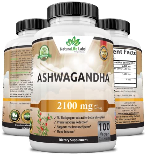 Organic Ashwagandha 2,100 mg - 100 Vegan Capsules Pure Organic Ashwagandha Powder and Root Extract - Stress Relief, Mood Enhancer