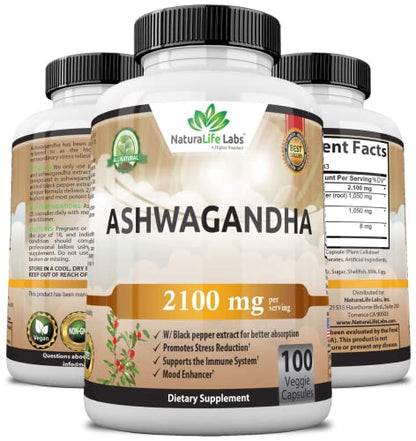 Organic Ashwagandha 2,100 mg - 100 Vegan Capsules Pure Organic Ashwagandha Powder and Root Extract - Stress Relief, Mood Enhancer