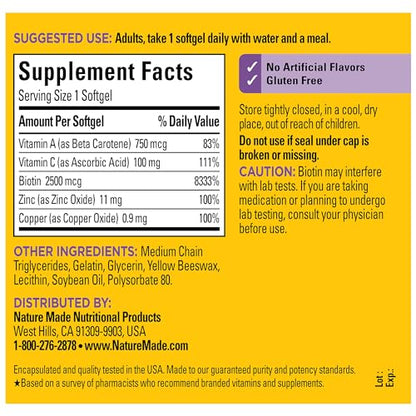 Nature Made Hair Skin and Nails with Biotin 2500 mcg, Dietary Supplement For Healthy Hair Skin and Nails Support, 120 Softgels, 120 Day Supply