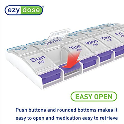 EZY DOSE Push Button (7-Day) Pill Case, Medicine Planner, Vitamin Organizer, 2 Times a Day AM/PM, X-Large Compartments, Arthritis Friendly, Clear Lids, Purple and Blue, BPA Free