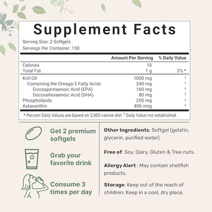 Micro Ingredients Antarctic Krill Oil Supplement, 1000mg Per Serving, 300 Soft-Gels, Rich in Omega-3s EPA, DHA & Natural Astaxanthin, Supports Immune System & Brain Health, Easy to Swallow