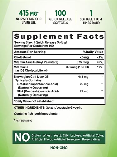 Norwegian Cod Liver Oil | 100 Softgels | with EPA & DHA | Non-GMO, Gluten Free Supplement | by Nature's Truth