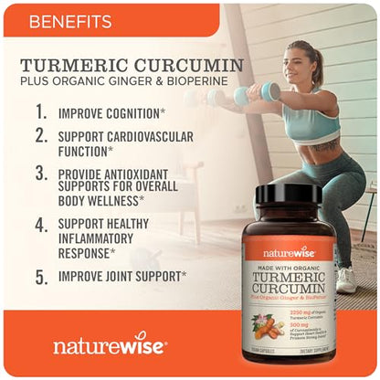 NatureWise Curcumin Turmeric 2250mg 95% Curcuminoids & BioPerine Black Pepper Extract Advanced Absorption for Joint Support [1 Month Supply - 90 Count]