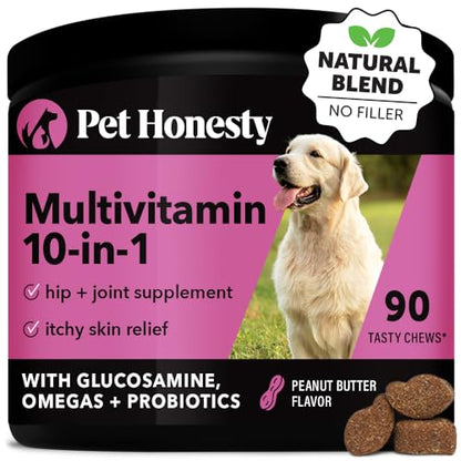 Pet Honesty Multivitamin Dog Supplement, Glucosamine chondroitin for dogs, Probiotics, Omega Fish oil, dog supplements & vitamins, dog vitamins for skin and coat allergies, (Peanut Butter 90 ct)