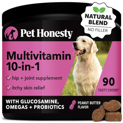 Pet Honesty Multivitamin Dog Supplement, Glucosamine chondroitin for dogs, Probiotics, Omega Fish oil, dog supplements & vitamins, dog vitamins for skin and coat allergies, (Peanut Butter 90 ct)