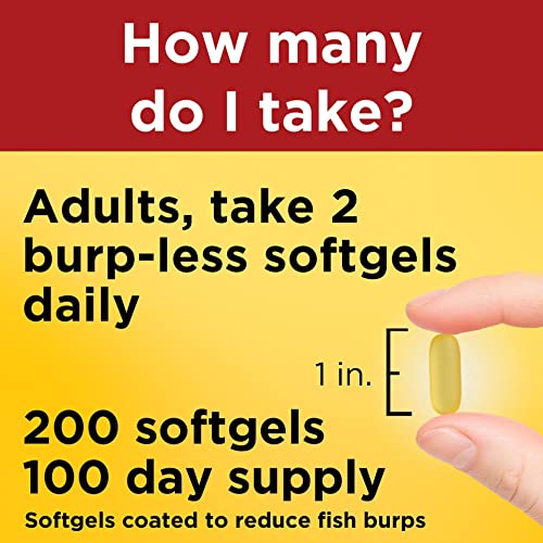 Nature Made Burp Less Omega 3 Fish Oil Softgels - 1200 mg Omega 3 Supplement for Heart Health, 200 Softgels, 100 Day Supply